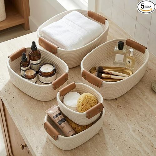 Beautiful Storage Basket Set of 5 - Sturdy Cotton Rope Baskets for Shelves Are Perfect for Organizing Your Home - Quality Storage Bins Easily Fit With Any Nursery or Bedroom Decor