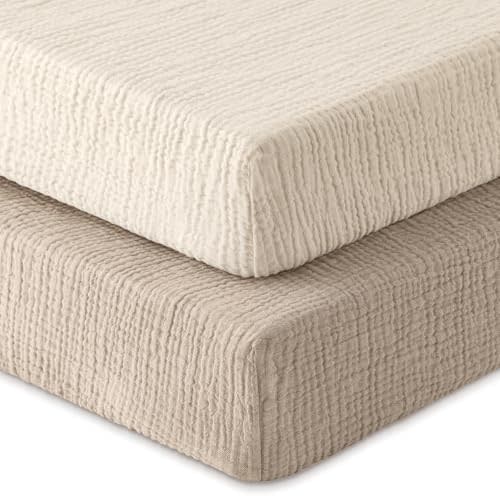 Unnivoll Muslin Crib Sheets for Boys Girls, 100% Cotton Fitted Crib Sheet 2 Pack for Standard Crib and Toddler Mattress, Breathable Soft Baby Sheet 28x52x8in Beige & Khaki