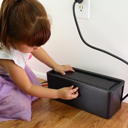 Power Strip Cover Box - Effectively Baby Proofs Power Strip with Patented Dual Lock. Convenient Side Openings for Cords & Cables. Protects Small Hands & Fingers (Black)