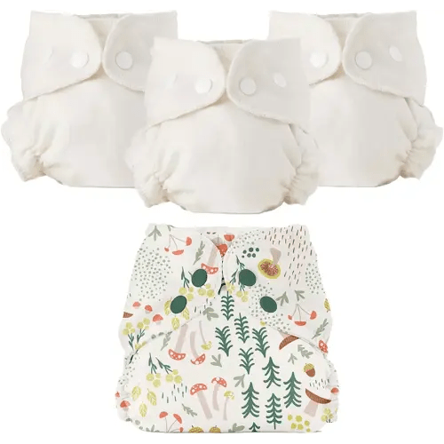 Esembly Cloth Diaper Bundle Set - 3 Organic Cotton Absorbent Inners and 1 Waterproof Outer Diaper Cover - Reusable, Washable, Snap Closure Cloth Diapers - Size 1 (7-17lbs), Fantastic Fungi