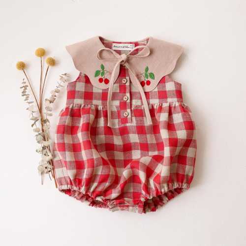 Baby Bubble Romper in Cherry Check Linen with Embroidered Petal Collar "Cherry" in Beige Linen, Newborn Toddler Outfit