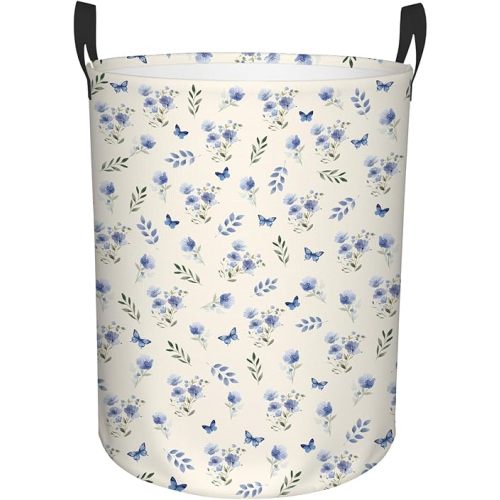 Flower Laundry Hamper, Waterproof Collapsible Laundry Basket for Bedroom, 43L Round Nursery Hamper Storage Bin with Handles for Toys, Storage Basket for Women Girls, Room Decor, 13.8x17.7 in