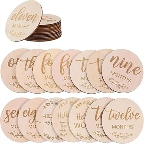 12-Piece Wooden Baby Milestone Cards & Discs, Double-Sided Photo Props for Newborns, Baby Monthly Milestone Marker Discs,
