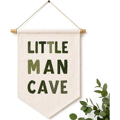 Little Man Cave Banner for Boys Room, Baby Boy Nursery Decor, Toddler Kids Room Wall Decor, Nursery Wall Hanging Flag, Linen Cotton Pennant Sign for Playroom Bedroom, 12.5 x 18 Inc