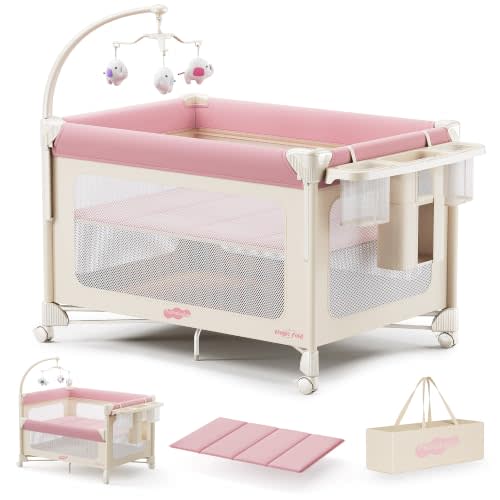 Pamo Babe 5 in 1 Pack and Play - One-Step Setup Bedside Crib, Portable Playard with Mattress, Storage Bag