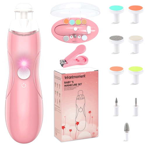 BUSATIA Charging Baby Nail Trimmer Electric Nail File Clippers with LED Light, 9 Grinding Heads-9 in 1 Safe Electric Baby Nail Trimmer, Baby Nail File Kit, Additional Replacement Heads,Pink