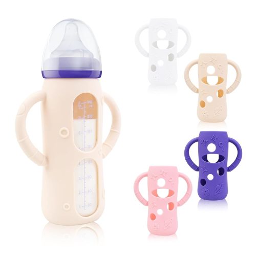 Baby and Toys - USA ZCH 4-Pack Silicone Sleeves for Lansinoh Glass Bottles, BPA-Free Drop-Resistant Baby Bottle Sleeves with Handles, Compatible with Lansinoh Anti-Colic Glass Baby Bottles (8 oz) - 8 Ounce / White & Ecru & Pink & Purple