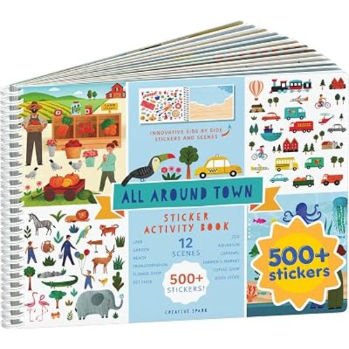All Around Town 500+ Kids Sticker Book by Cupkin Fun Toddler Travel Activity Coloring and Sticker Book, Road Trip Essentials, 12 Coloring Pages 12 Side by Side Scenes for Ages 2–8 Years