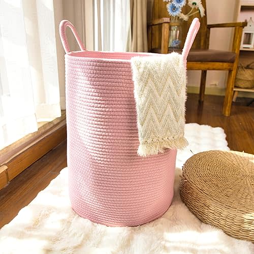 Woven Cotton Rope Laundry Hamper Basket,Versatile Storage for Dirty Clothes,Blankets in Bathroom,Nursery,Living Room,and Bedroom,Baby Nursery Hamper Bin Woven Storage Basket Large light pink