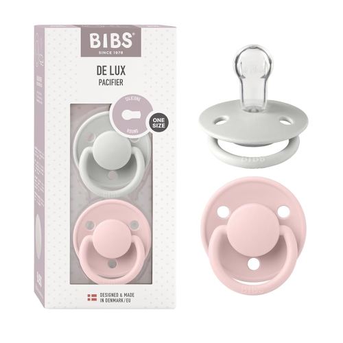 BIBS Pacifiers - De Lux Collection | BPA-Free Round Nipple | Silicone | Made in Denmark | Set of 2 Blossom/Haze Color Premium Soothers | Size One Size