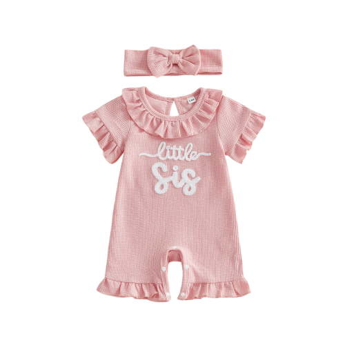 BemeyourBBs Newborn Baby Girls Little Sister Outfit Waffle Knit Ruffle Romper Little Sis Letter Embroidery Short Sleeve Infant Bodysuit Jumpsuit Headband Cute Baby Girl Summer Clothes