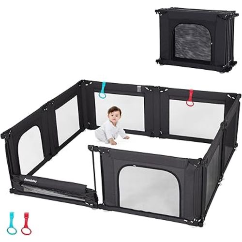 Baby Playpen Foldable Large Play Pen for Toddlers 1-3, 59X59X27in Pre-Assembled Playard for Indoor, Doradotey Adjustable Mesh Breathable Floor Playpen Certified Safe Baby Product