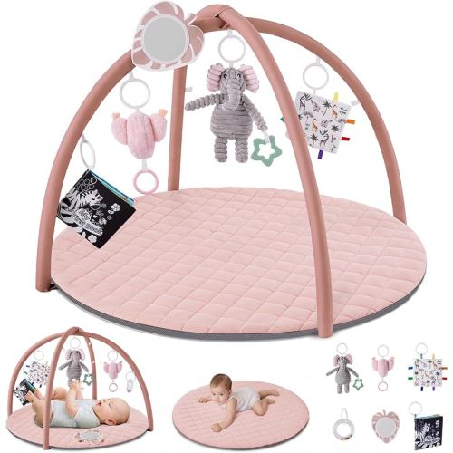 Blissful Diary Baby Play Gym Mat, Tummy Time Activity Mat with 6 Detachable Toys for Skill Development, Baby Essentials Gift, Soft Pink