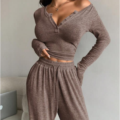 DAZY 2pcs Set: Solid Color Casual Button-Up Long Sleeve Fitted Top & Tie-Front Pants | SHEIN USA