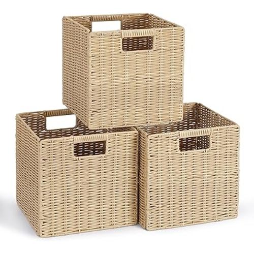 10.5 x 10.5 in Plastic Wicker Baskets for Cube Storage, Collapsible Square Wicker Storage Basket Set of 3, Rattan Storage Cube, Square Baskets for Shelves - Beige