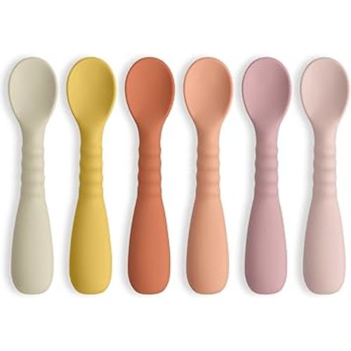 ME.FAN Silicone Baby Feeding Spoons 6 Pack First Stage Infant Spoons - Baby Utensils Soft Training Spoon Self Feeding - Chew Spoon Set for Babies and Toddlers Bright