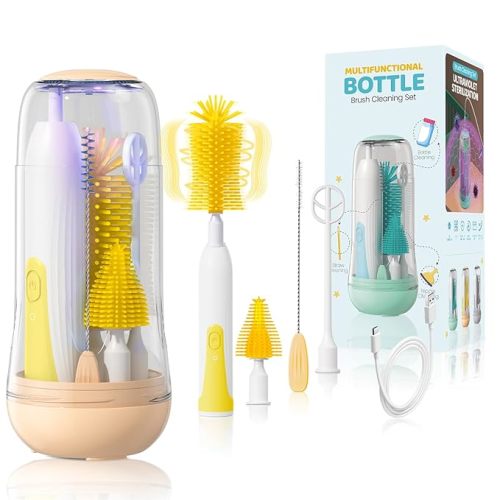 IvyWind Electric Travel Baby Bottle Brush Set with Storage Box, Automatic Bottle Cleaner Brush Kit with Silicone Bottle/Nipple/Straw Brush, Milk Frother Electric and Drainage Rack, Rechargeable, Gray
