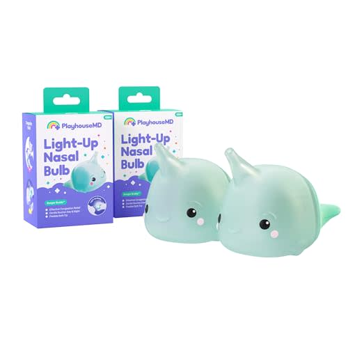 Playhouse MD Booger Buddy Nasal Aspirator Bulb (2-Pack), Narwhal - with LED Light for Babies & Toddlers – BPA-Free Snot Remover for Infant Stuffy Nose and Congestion Relief – Easy to Clean Design