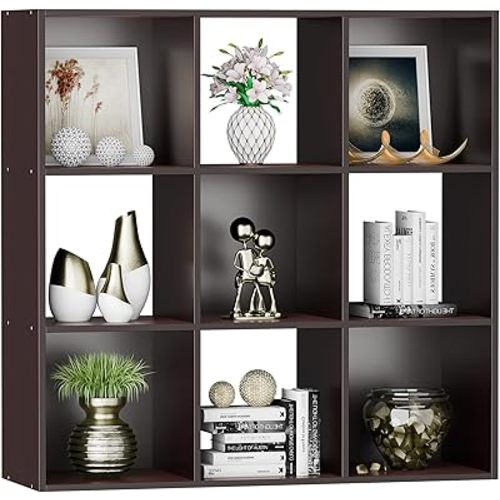ZenStyle 9 Cube Storage Shelf Organizer, Wooden Bookshelf System Display Cube Shelves Compartments, Customizable W/ 5 Removable Back Panels (Brown, 9 Cube)