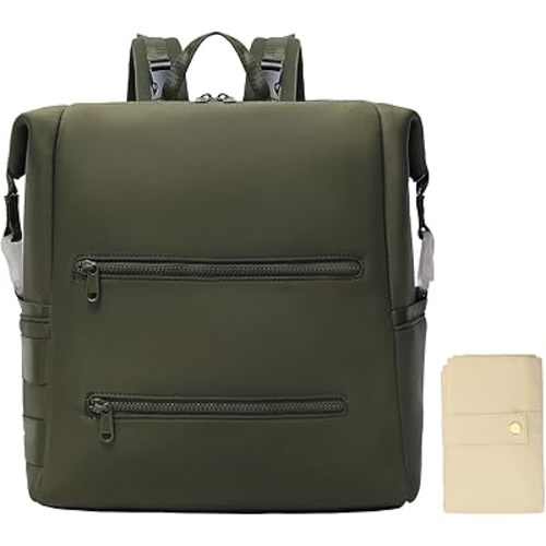 Omanmoli Diaper Bag Backpack,Large Neoprene Baby Bag for Boys Girls with 15 Diaper Bag Organizer,2 Insulated Pockets,Changing Pad,Stroller Straps,Olive Green