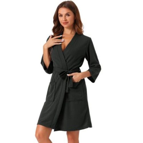 cheibear Women's Mid-Length Two Pockets Soft Spa & Bath Waffle Robes With Belt Small Black