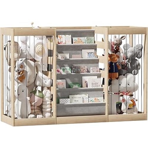 Kid Bookshelf Book Storage Organizer Montessori Child Bookcase Stuffed Animal Holder Toddler Baby Sling Floor Book Rack Display Shelf Playroom Bedroom Nursery Classrooom (Natural Wood, Single Sling)