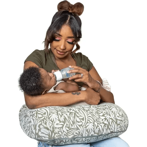Boppy Nursing Pillow - Ergonomic Bottle & Breastfeeding Pillow, Higher, Firmer & Larger, Water-Repellent with Washable Organic Cotton Cover, Baby Safety Alliance Verified - Green Cut Out Leaves