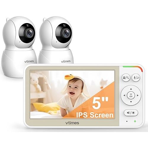 VTimes Baby Monitor with 2 Cameras, 5'' Screen Video Baby Monitor No WiFi, Remote Pan-Tilt-Zoom VOX, Two-Way Talk, Infrared Night Vision, Temperature Display, Alarm 8 Lullabies 1000ft