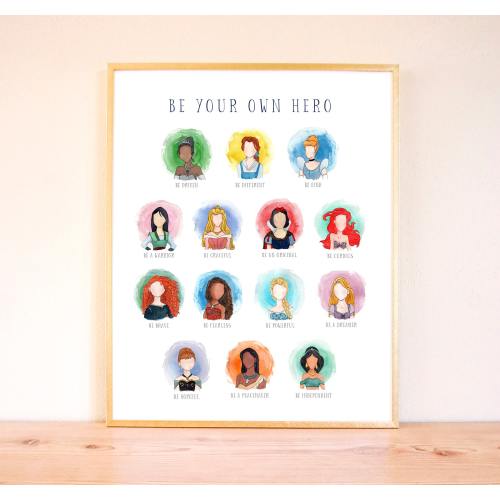 Disney Princess Nursery Wall Art, Watercolor Painting, Disney Nursery Art, Disney Princess "Be Your Own Hero" Poster
