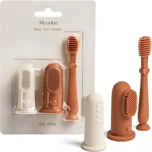 Moonkie Baby Finger Toothbrush Tongue Oral Cleaner Kit for 3 Months +, 3 Pcs (Clay/Ivory/Clay)