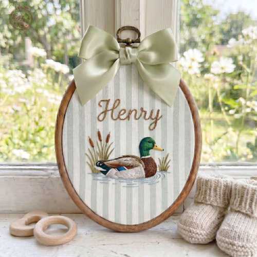 Embroidered Mallard Duck Name Baby Hoop, Custom Baby Name Baby Announcement Gift, Hospital Door Name Plate, Needle Felt Duck Wall Art
