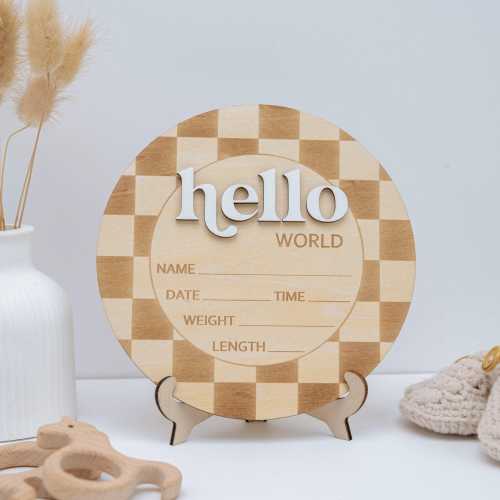 Checkered Hello World Sign, Wooden Baby Announcement, Layered Birth Stat Sign, Birth Stat Plaque, Retro Nursery Decor, Name Announcement