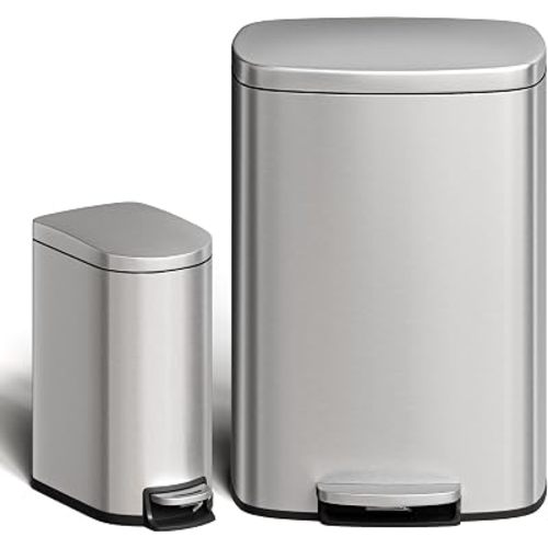 Garvee 13 gal (50 L) and 2.6 gal (10 L) Stainless Steel Trash Can Combo Set, Rustproof Garbage Can with Lid for Kitchen and Bathroom, Step-on Trash Bin with Inner Bucket, Rear Handle, Silver