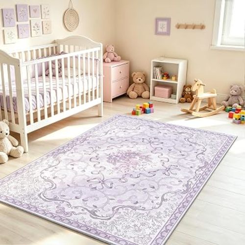 Purple Bow Rug for Bedroom Girls,5x7 Nursery Rugs for Living Room with Soft Low Pile, Cute Vintage Non Slip Washable Rug for Nursery Kids Playroom Dining Room College Dorm Girl
