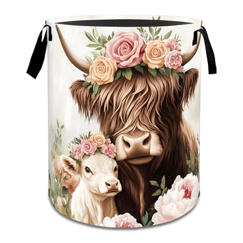 Rustic Highland Cow Floral Laundry Basket,Dirty Clothes Hamper,Farm Animal and Flower Storage Bin Gifts,Waterproof Oxford Cloth Baskets for Bathroom,Bedroom,Home Decoration(19.7" x 15.7")