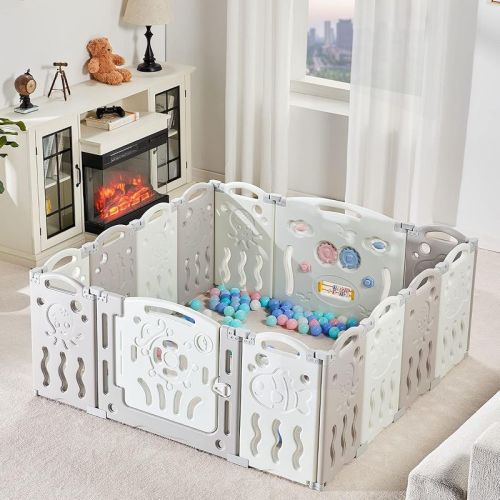 AMERLIFE Baby Playpen, Upgraded Portable Foldable Baby Fence with Game Panel and Safety Gate