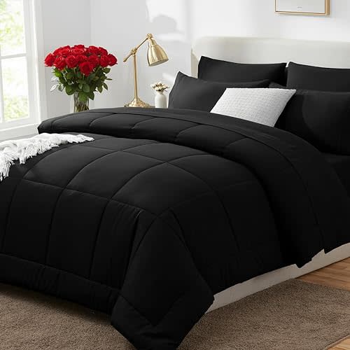 Queen Comforter Set Black, 7 Pieces Bed in a Bag, Black Comforters Queen Size, All Season Bedding Sets with Stitch Quilted Comforter, Flat Sheet, Fitted Sheet, Pillowcases