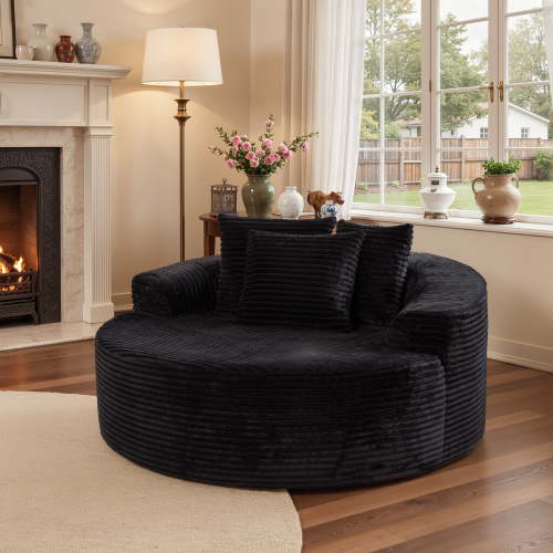 Ovios 58" Oversized Lounge Chair Round Cloud Deep Seat Accent Chair Plush Corduroy Boneless Sofa Chair for Living Room, Black