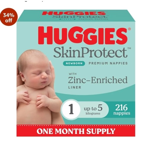 Huggies Newborn Nappies Size 1 (up to 5kg) 216 Count - One Month Supply (Packaging May Vary) : Amazon.com.au: Baby