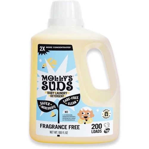Molly's Suds Baby Liquid Laundry Detergent | Removes Formula, Poop & Spit-Up Stains | Extra Gentle for Infants, Babies, Toddlers (Fragrance Free, 200 Loads)