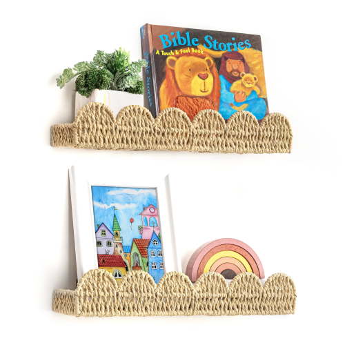 Sunlit Scalloped Nursery Bookshelf, Set of 2, Picture Ledge Shelf for Wall Decor, Woven Straw Paper Floating Shelves for Books, Toys, Photo Frames, Nursery, Boho Modern Farmhouse Book Shelf, Beige