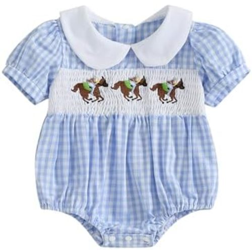 Newborn Baby Girl Farm Clothes Chicken Embroidey Bubble Smocked Romper Plaid Bowknot Western Country Bodysuit Shirt