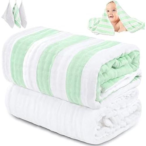 Muslin Baby Bath Towel Set, 2 Large Gauze Super Soft Baby Bath Towel and 3 Washcloths, 6 Layers 100% Cotton Infant Towel Newborn Towel Blanket Suitable for Baby's Delicate Skin(Green)