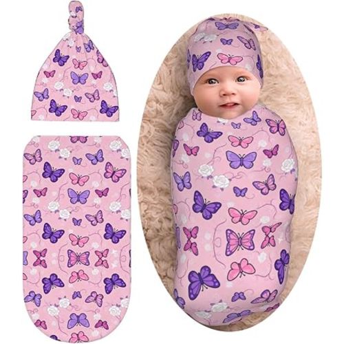Butterfly Pink Baby Stuff Newborn Baby Swaddle Blanket with Beanie Hat,Swaddle Blanket Gifts for Infant Shower Boys Girls