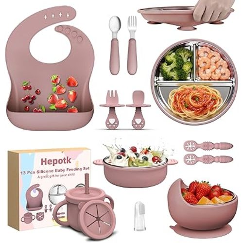 13 Pack Silicone Baby Feeding Set, BPA-Free Toddler Feeding Supplies, Include Suction Plates, Baby Bowls, Silicone Fork & Spoon, and More, First Stage Baby Dish Set - 6+ Months