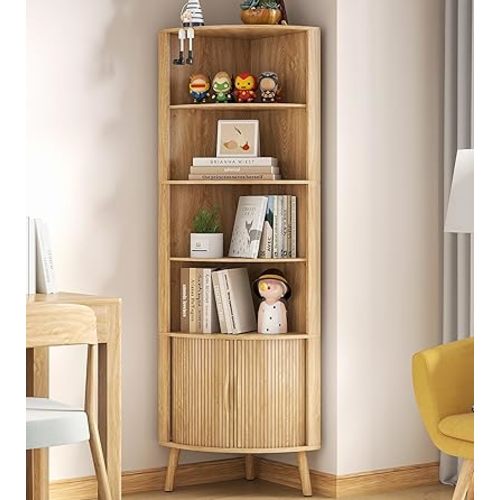 5-Tier Corner Shelf, 66.73''Tall Modern Corner Bookshelf, 5 Shelf Bookcase with 2 Fluted Doors, Freestanding Wood Corner Display Storage Shelf Organizer for Living Room, Office (Wood Color)
