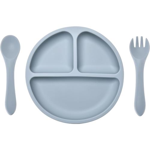 Silicone Baby Feeding Set, Includes Baby Spoons, Toddler Plates and Baby Fork, Suction Plates for Toddlers Divided Design, Microwave and Dishwasher Safe (C-2)
