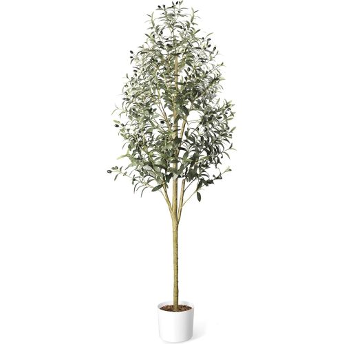 Waterproof Artificial Olive Tree, 6 FT Tall Faux Olive Tree for Home Indoor Decor, Floor Plant with Textured Leaves Fruits, Realistic Wood-Grain Trunk, Fake Plant for Living Room Bedroom Office