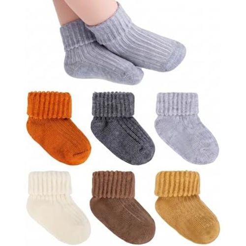 6 Pairs Newborn Baby Girl Socks Socks, Stay-On Turn Cuff Ankle Socks Crew Socks for Infant Toddler Kids