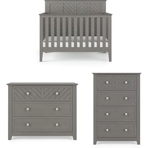 Child Craft Atwood Design 4-in-1 Convertible Baby Crib Nursery Furniture Set, Baby Bed, 3 Drawer Dresser and Chest Drawer, for Babies, Toddlers and Kids Bedroom (3 Piece - Lunar Gray)